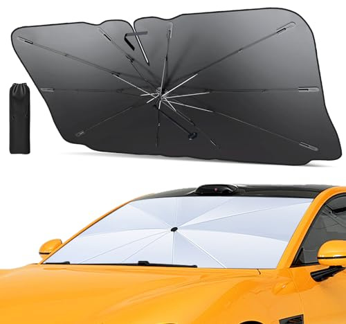 Oziral Auto Sonnenschutz Frontscheibe 10-Knochen Schirmgestell-Visier mit Lederecken, kratzfest 135 x 75 cm, Faltbar Auto-Windschutzscheiben-Visier | Perfekter Sonnenschutz für SUVs und alle Fahrzeuge