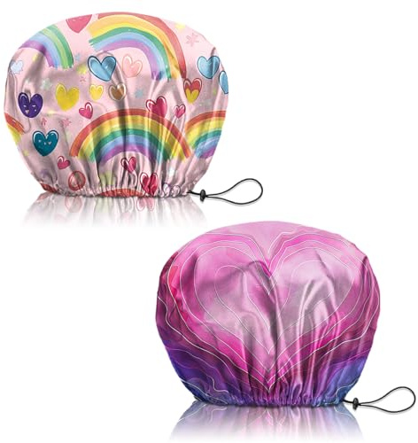 Deokke Duschhaube, 2 Stück wasserdichte Doppelschicht wiederverwendbar shower cap, verstellbar, elastisch, ästhetisch, niedlich Duschhaube für Damen (Q5-Regenbogenherz)