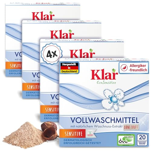Klar Vollwaschmittel Pulver Sensitive 4x1,1kg - 80 Ladungen - Allergiker Waschpulver ohne Duft - Bio Waschmittel Pulver mit natürlichem Waschnuss Extrakt - VEGAN & Enzymfrei