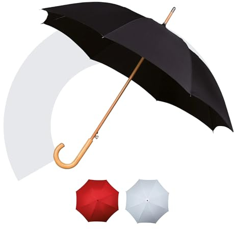 Jollybrolly Black Walking Umbrella – Wooden Walking Stick Umbrella, Crook Handle, Large Canopy for Sun Protection, Windrpoof, Waterproof, Long Stick Gents Umbrella