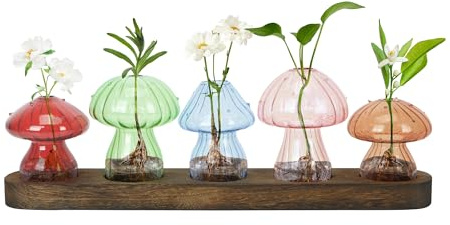 ohbien 5Pcs Mushroom Glass Vase with Wooden Stand, Coloured Mushroom Propagation Station Small Cute Mushroom Vase Set for Table Decoration for Decor Window Home Bedroom Living Room