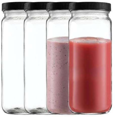 Paquete de 4 botellas de vidrio para jugo, tarros de viaje de 16 onzas, vasos de agua con tapas herméticas negras, tarro alto reutilizable para jugo, té de burbujas, batidos, té, kombucha (negro)