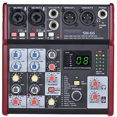 RUHEN Console de mixage Audio 4 canaux SM-66, Carte Son, 16 Effets intégrés, Interface Audio USB, Prise en Charge d'une Batterie Externe 5 V pour DJ