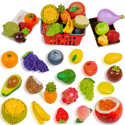 Exasinine 33pcs Miniature Fruits Figures Strawberry Peach Grapes Mini Resin Figures Artificial Fruit for Garden Kitchen Game Party Decor Cake Decoration