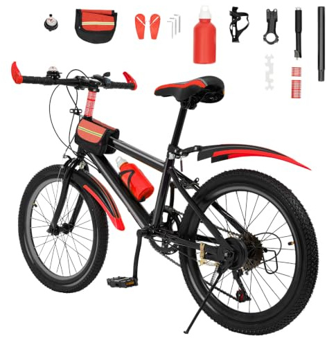 ROGONPDK Vélo VTT 20 pour Enfant, VTT Enfants, Vélo à 7 Vitesses pour Garçon et Fille avec Bouteille d'eau, Sac de Rangement, Cloche de Vélo, Capacité de Charge: 85 kg, Vélo pour Enfants(Rouge)
