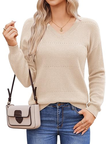 HOTOUCH Pull en tricot à manches longues avec col en V pour femmes - Pulls creux décontractés - Tricot d'automne et d'hiver - Pull léger et doux pour dames, beige, XL