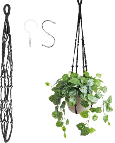 FACHOI Black Macrame Plant Hanger with 2 Hooks, Cotton Rope Hanging Planter Basket for Decor F4-BZZWGJ
