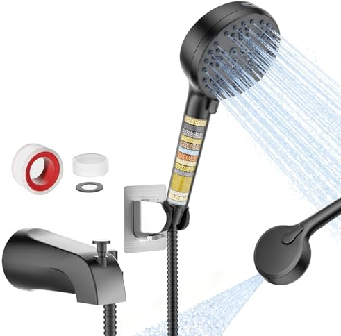 Bathtub Faucet with Filtered Handheld Shower Head, 6 Spray Modes from Rain to Powder, Tub Spout with Diverter, 79 Extra Long Hose, High Pressure Bath Tub Faucet with Sprayer Attachment (Matte Black)