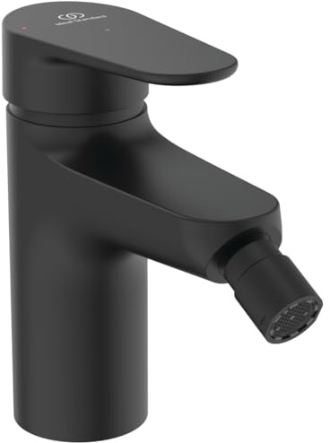 Ideal Standard Alu+ Bidetarmatur, Auslaufhöhe 74 mm, wassersparende Bidet-Handbrause mit Ablaufgarnitur, frei von Chrom & Nickel – Schwarz Matt (46 x 144 x140 mm)