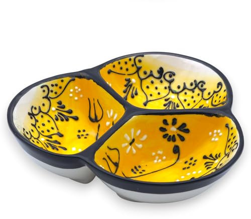 AUTENTICA CERAMICS Ceramic Chip & Dip Bowl 7.5”, 3-Compartment Divided Serving Dish & Condiment Tray for Appetizers – Handmade in Spain, Lead-Free Glaze, Microwave, Oven & Dishwasher Safe
