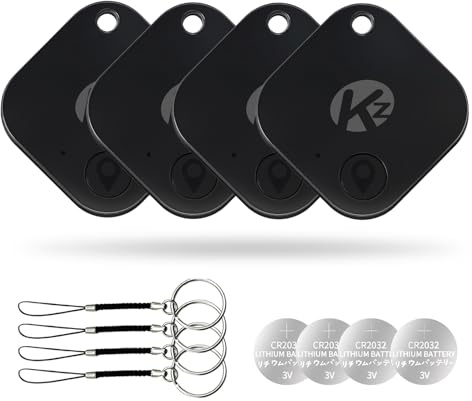 KZO Tracker Tag Bluetooth Schlüsselfinder 4 Pack, iOS & Android APP, Telefonfinder, In der Nähe Finden, Lauter Klingelton, für Schlüssel/Brieftasche/Taschen, Kein GPS-Tracker, Schwarz