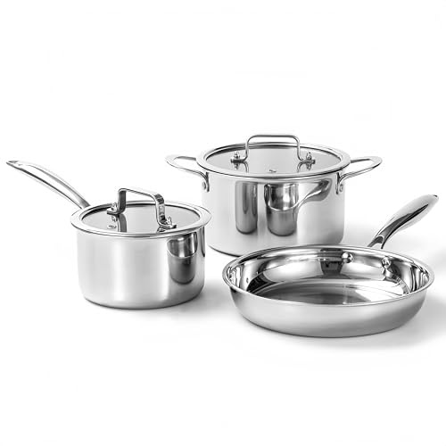 Tri-Ply Stainless Steel Cookware Set, 3-Piece with Casserole, Milk Pot, Frying Pan, Induction Compatible