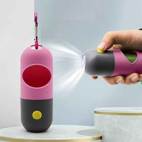El Furry Fiesta - Distributeur de sacs à déjections canines avec lampe de poche LED - Support de sac poubelle pour chien avec mousqueton - 1 rouleau - Accessoire léger pour promener le chien (rose)