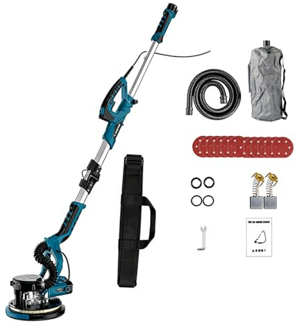 Lijadora de Paneles de Yeso, lijadora eléctrica de Pared con Bolsa para Polvo, luz LED Doble, Mango telescópico, 6 velocidades Variables y 12 Discos de Lijado para renovación. Blue-110V