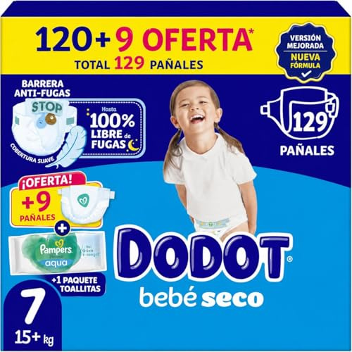 Dodot Pañales Bebé-Seco, Talla 7 (15+ kg), 129 Pañales, Una Noche Hasta Un 100% Libre De Fugas, Pack mensual + regallo toallitas pumpers