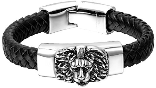 OIDEA - Bracciale fantasia da uomo, stile punk rock, testa di leone, in acciaio inossidabile, corda in pelle intrecciata, colore argento, nero, con sacchetto regalo