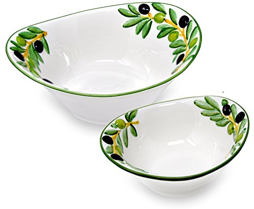 Lashuma 2er Set Handgearbeitete Ovale Keramikschale mit Olivenrelief 20 x 17 cm und Handbemalte Runde Salatschüssel 25 x 21 cm im Geschenkset