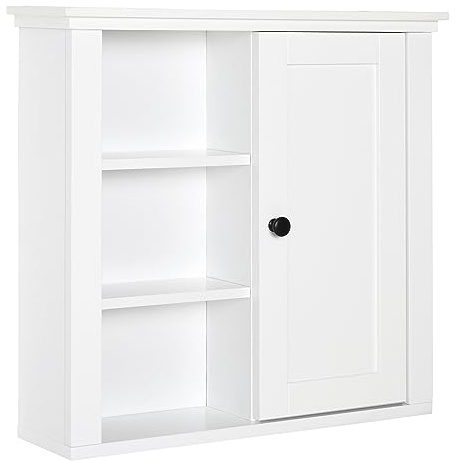 HOMCOM Armoire Murale de Salle de Bain Meuble Suspendu WC Placard 1 Porte 3 niches dim. 53L x 14,5l x 50,5H cm en Bois Blanc