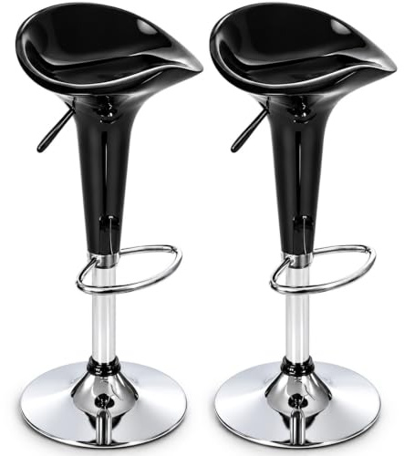 BAKAJI Set 2 Sgabelli Bar Cucina Design Moderno Base in Acciaio Cromato Seduta in ABS Sgabello Girevole con Altezza Regolabile e Poggiapiedi (Nero)
