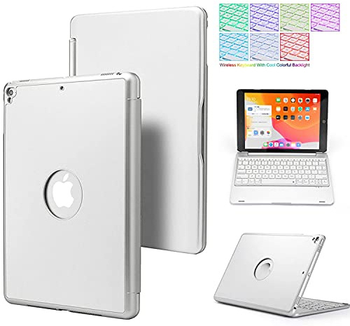 QYiD Funda con Teclado para iPad 10.2 8ª/7ª Gen, Air 3, Pro 10.5, 7 Colores Retroiluminación Teclado Bluetooth 360 giratoria Funda de Aluminio para iPad 10.2/ iPad Air 3/ iPad Pro 10.5, Plata
