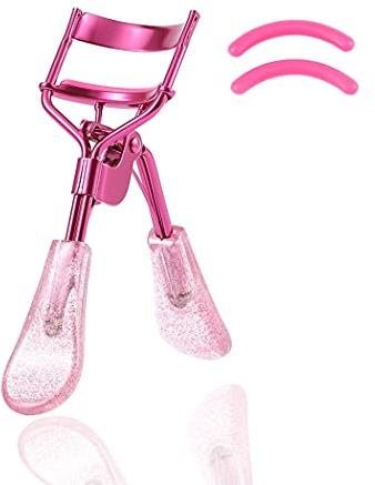 Uranian Wimpernzange Rosa Wimpernzange mit 2 Silikon Nachfüllpads Glitzer Griff Eye Lashes Curler Wimpern Werkzeug für Frauen und Mädchen (Rosa)