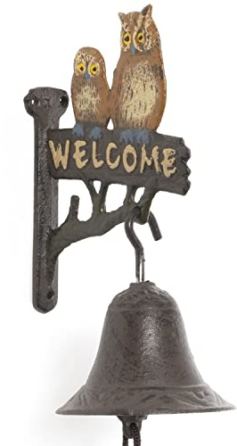 Moritz Wandglocke Eulen Welcome Gusseisen – Türglocke Haustür Garten | Zwei bemalte Nachtvögel über Willkommensschild, 13 Zentimeter ausladend, 10 breit, 0,7 kg, Kordel am Klöppel