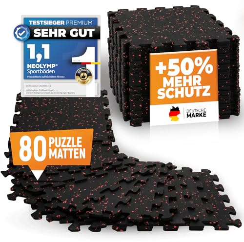 NEOLYMP Bodenschutzmatte Fitness aus Kautschuk – Puzzlematte für Home Gym, Fitnessgeräte & Sport – rutschfeste Gymnastik- & Sportmatte - 80 Stück
