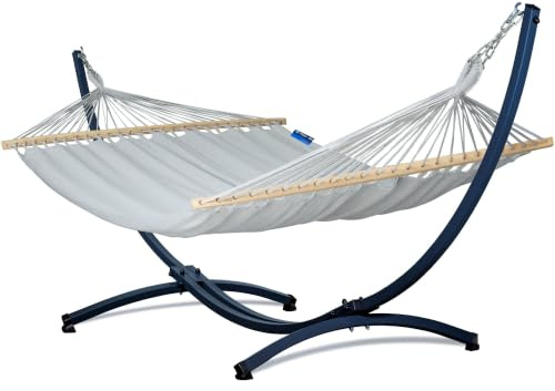 Potenza Outdoor Stabhängematte Hängematte mit Gestell für 2 Personen 370 cm I 100% Baumwolle Merida Doppelhängematte XXL 215x160, 200kg I Hängemattengestell 220kg, wetterfest, Colore Grau