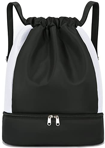 Keyck Bolsas de Cuerdas Mochila Mujer Hombre, Gym Sack Impermeable Saco Gimnasia con Compartimento Zapatos y Bolsillo Húmedo, Oxford Drawstring Backpack Para Deporte Playa Escuela Viajes, Negro
