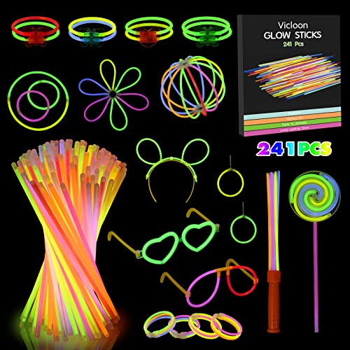 Vicloon Glow Sticks, 241 Pcs Glow Party Supplies with Connectors to Make Glows Necklaces, Bracelet Connectors, Cheer Stick, Premium Glows Neon Necklaces for Party, Festival, Halloween Decoratio