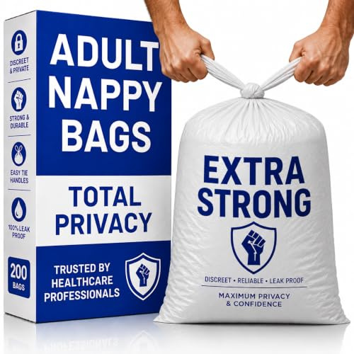 Adult Nappy Bags - 200 Pack, 20% Thicker Sacks, Easy Tie Handles, Odour Free, Discreet White Plastic, Strong Sanitary Disposal Bag