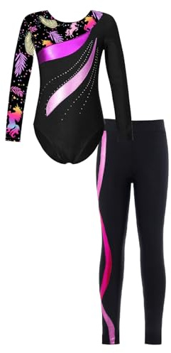Freebily Body da Ginnastica Artistica Bambina con Leggings Sportivi Strass Leotard a Maniche Lunghe Abito da Danza Classica Moderna Jazz Tuta da Balletto Ballo Latino Nero&Rosa 7-8 anni