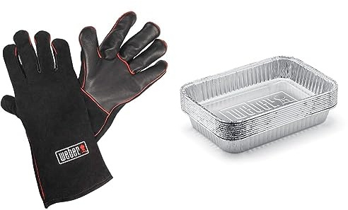 Weber 17896 Leder-Grillhandschuh, schwarz, 2 Stück (1er Pack) & 6415 Small 7-1/2-Inch-by-5-inch Aluminum Drip Pans, Set of 10