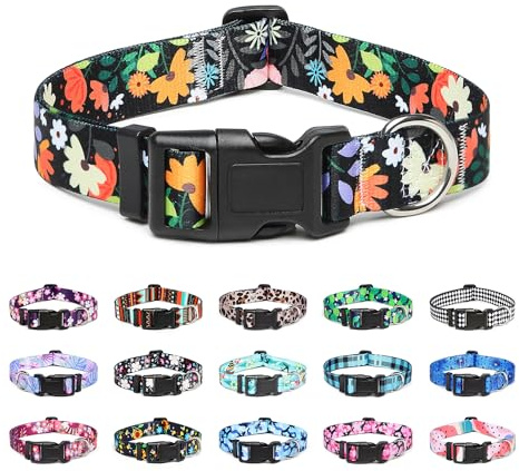 Mercano Collier pour Chien, Collier Classique en Nylon Réglable, Fleur, Océan, Forêt, Tribal Design, Tournesol, Flora, Léopard, pour Petits, Moyens et Grands Chiens (S, Fleurs Orange)
