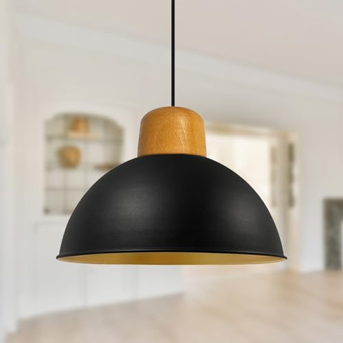 bamyum Pendelleuchte Schwarz Industrielle Metall Groß Ø40cm, Hängelampe Industriell Lampe Vintage Hängeleuchte, Deckenleuchte Weiß Holz, Pendelleuchte Esstisch, Pendellampe, Esszimmerlampe Küchenlampe