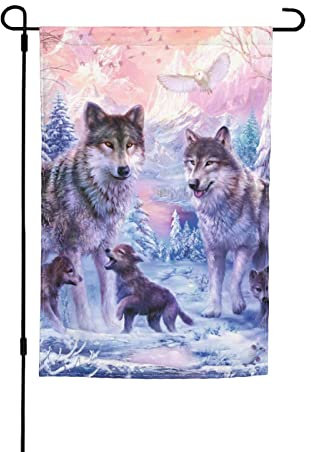 LAMAME Winter Wolf Familie gedruckt Terrasse vertikale doppelseitige Gartenflagge Outdoor Flagge Garten Dekoration Flagge