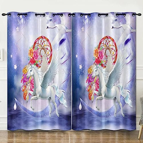 Vorhang, Kinderzimmer, 3D Lila Einhorn-Traumfänger Kindervorhänge Mit Ösen, Polyestervorhänge, Wärmeschutzvorhang, Blickdichter Vorhang Mit Ösen, Kindervorhänge Für Wohnzimmer, Schlafz-3I6I5U2P6D7