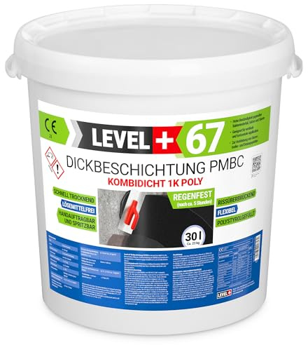 Level+67 Dickbeschichtung PMBC 1K Polystyrolgefüllt, Bitumen Abdichtung 30L, Rissüberbrückend, Schnell Regenfest, Fundamente Keller Garage Aussenwände Abdichtung