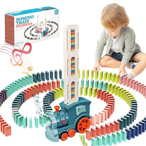 Giocattoli per Treno Domino per Bambini, 100 Pezzi di Domino Automatico che posa il Treno Elettrico con Suono, Gioco di Impilamento dei Blocchi, Giocattoli per Bambino e Bambina di 3+ Anni (Ciano)