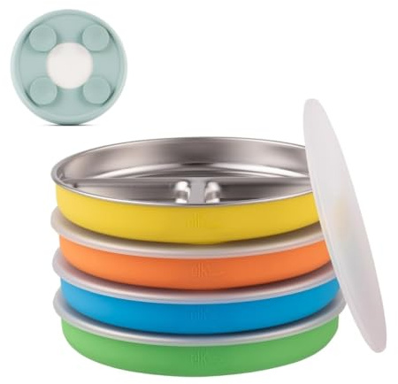 Elk and Friends Piatti divisi per bambini in acciaio inox con ventose in silicone, coperchi inclusi, adatti per neonati/bambini piccoli, lavabili in lavastoviglie, stoviglie, snack e snack, confezione