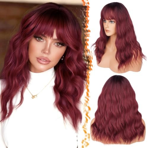 BARSDAR Lockige Wellig Ombre Rot Perücke mit Pony, 46cm Wellig Mittel Lange Perücke mit Pony für Frauen Schulterlange Haar Perücke Synthetisches Hitzebeständig Perücke Cosplay Party - Ombre Rot
