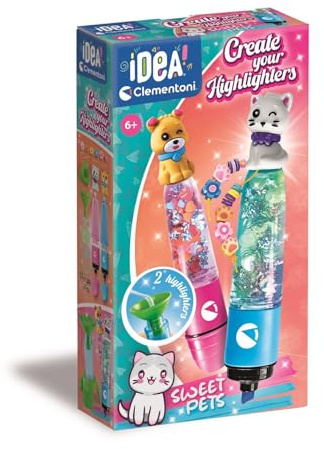 Clementoni Idea – Create Your Highlighters: Sweet Pets | Labor für personalisierte Textmarker, Kreativ-Set für Kinder ab 6 Jahren, mit 2 personalisierbaren Textmarkern mit Zubehör