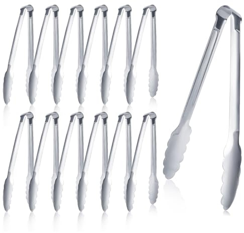 12 Pieces Buffet Tongs 7'' Serving Tongs Heavy Duty Stainless steel Kitchen and BBQ Utility Tong (Silver, 7inch)