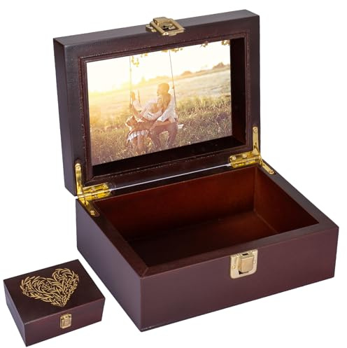 Small Wooden Memory Keepsake Boxes With Hinged Lids and a photo frame inside the lid - Decorative Storage Box With a Hinge Lids For Picture Letter Time Capsule - Wooden Gift Boxes，3.1“*5.1”*7.1“