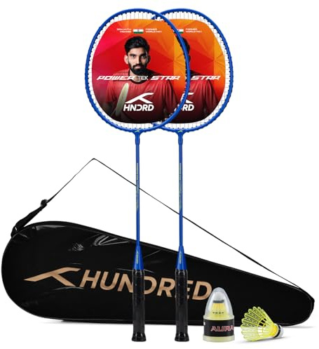 Hundred Powertek Star (2 besaitete Schläger mit 1 Vollabdeckung) mit 2 Nylon-Federbällen