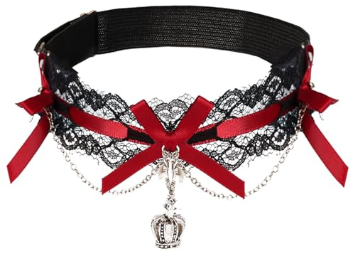 MinoCino Liga de Boda para Novia, Liga de Encaje Negra con Lazos Rojos y Corona, Lazos de Encaje para Muslos Accesorio de Boda gótico