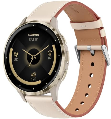 YLK Läderarmband för Garmin Vivomove 3S/ Vivoactive 4S, Garmin Venu 3S/ Venu 2S, Forerunner 265S/Forerunner 255S, 18 mm mjukt äkta läder klockarmband, justerbart ersättningsarmband, Eine Grösse, Läder