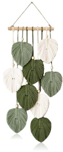 Makramee Wandbehang Boho Deko - Makramee Wandteppich Handgemacht mit Holzperlen und Grün Blätter Wanddeko wandbehang für Outdoor, Wohnzimmer, Schlafzimmer, Indoor, Kinderzimmer, Geschenke - 25*55 cm