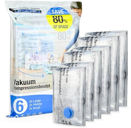 VZL Vakuumbeutel für Kleidung & Bettdecken – Vakuumbeutel Reise Set, Koffer Organizer, Kleidersack, Vacuum Bags for Clothing, Compression Packing Cubes, Wäschebeutel & Vakuumierbeutel (6er Pack)