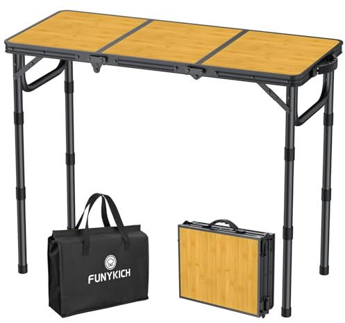 FUNYKICH Mesa Plegable Camping 87x40 cm, Mesa Plegable Camping Portátil de Aluminio con 3 Alturas Ajustables (26/48/70 cm), Panel de MDF, Capacidad de Carga 30 kg, para Camping, Picnic, Barbacoa